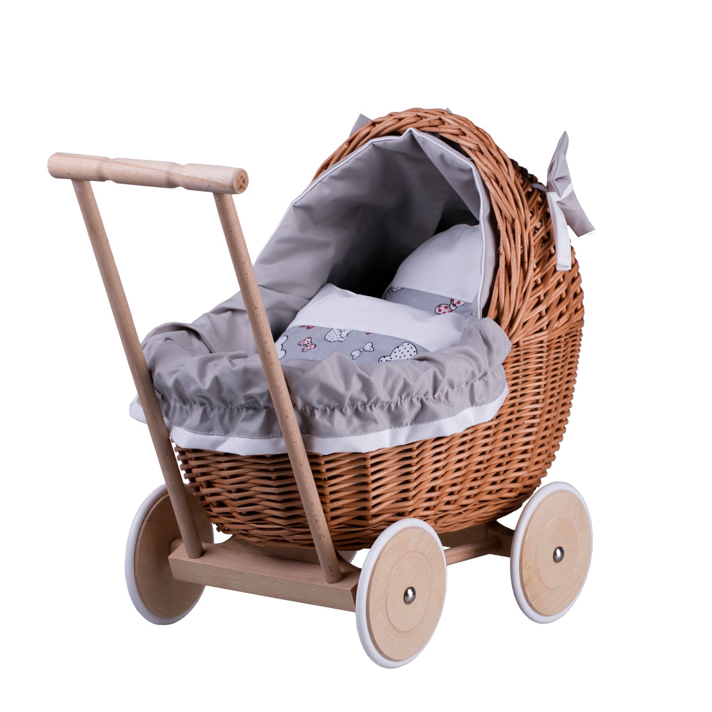 Lili wicker doll stroller with gray trim, blanket, and pillow