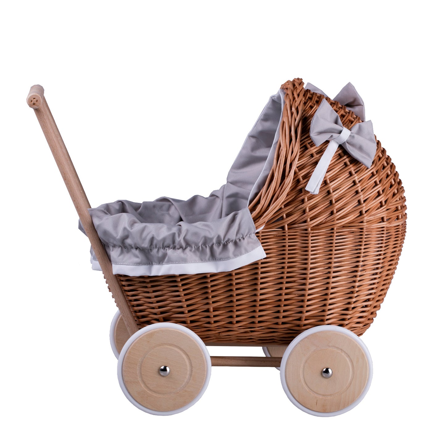 Lili wicker doll stroller with gray trim, blanket, and pillow
