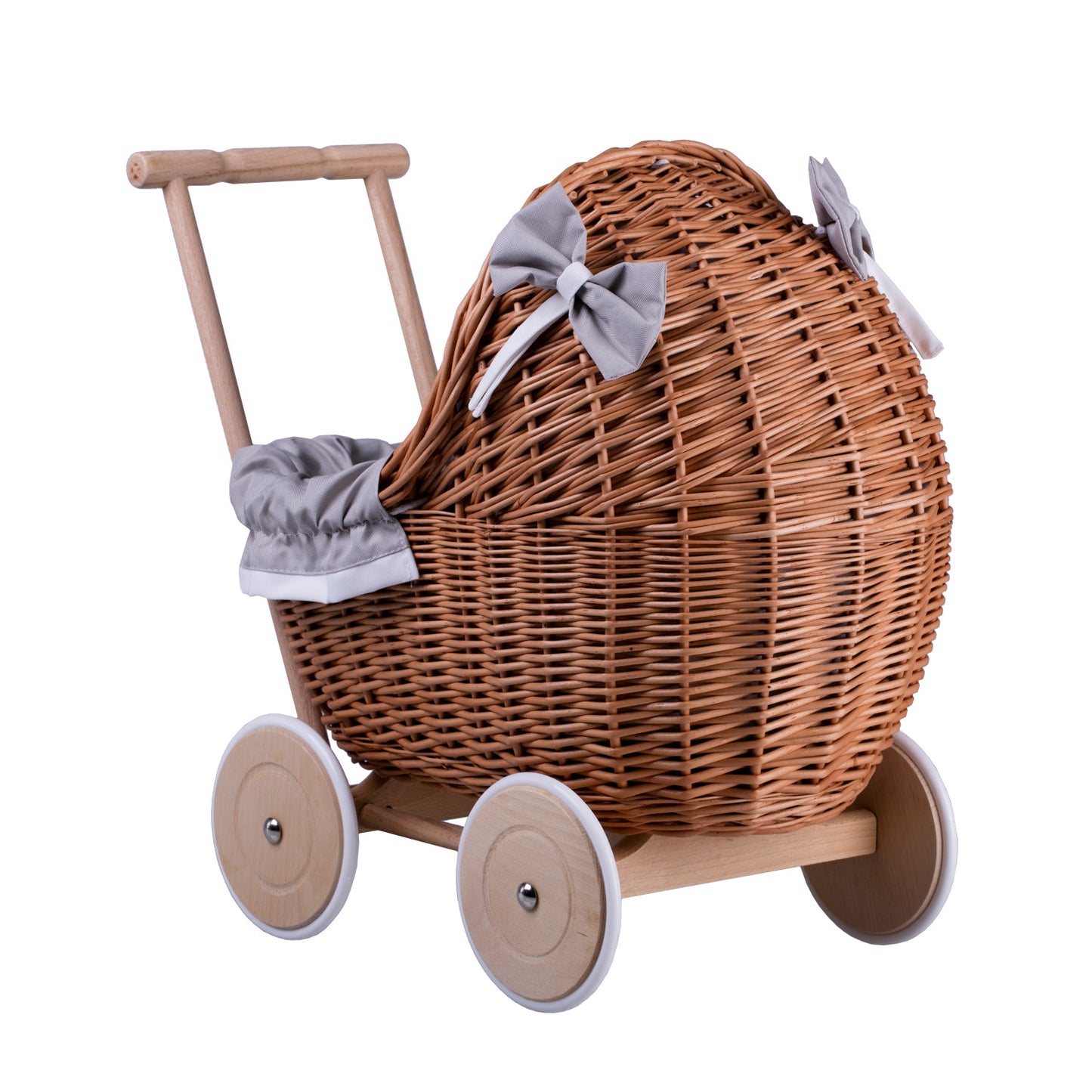 Lili wicker doll stroller with gray trim, blanket, and pillow