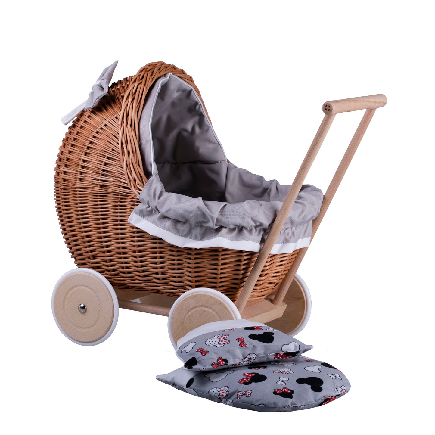 Lili wicker doll stroller with gray trim, blanket, and pillow