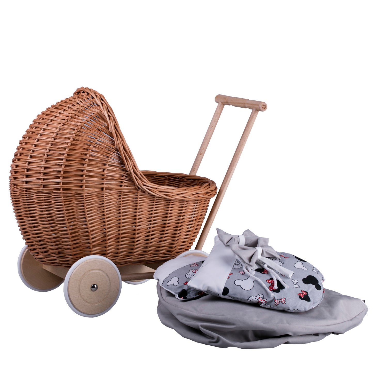 Lili wicker doll stroller with gray trim, blanket, and pillow