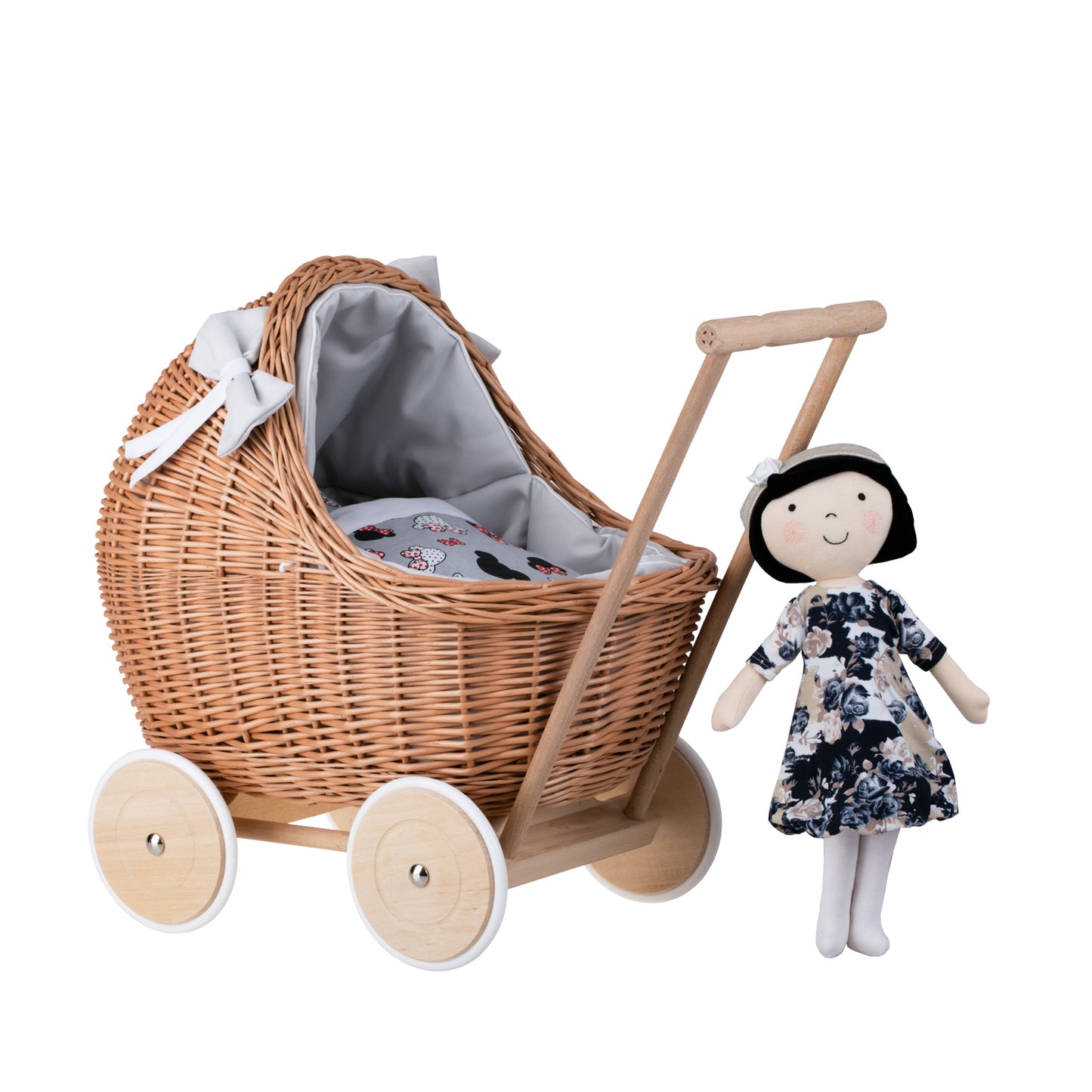 Lili wicker doll stroller with gray trim, blanket, and pillow