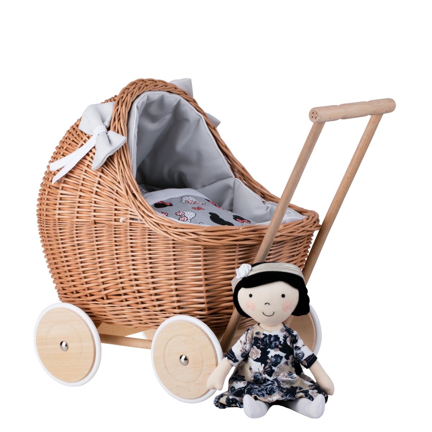Lili wicker doll stroller with gray trim, blanket, and pillow