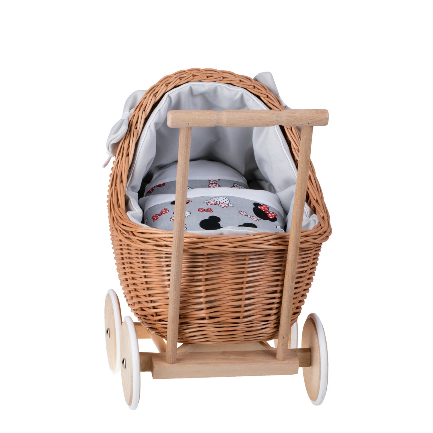 Lili wicker doll stroller with gray trim, blanket, and pillow