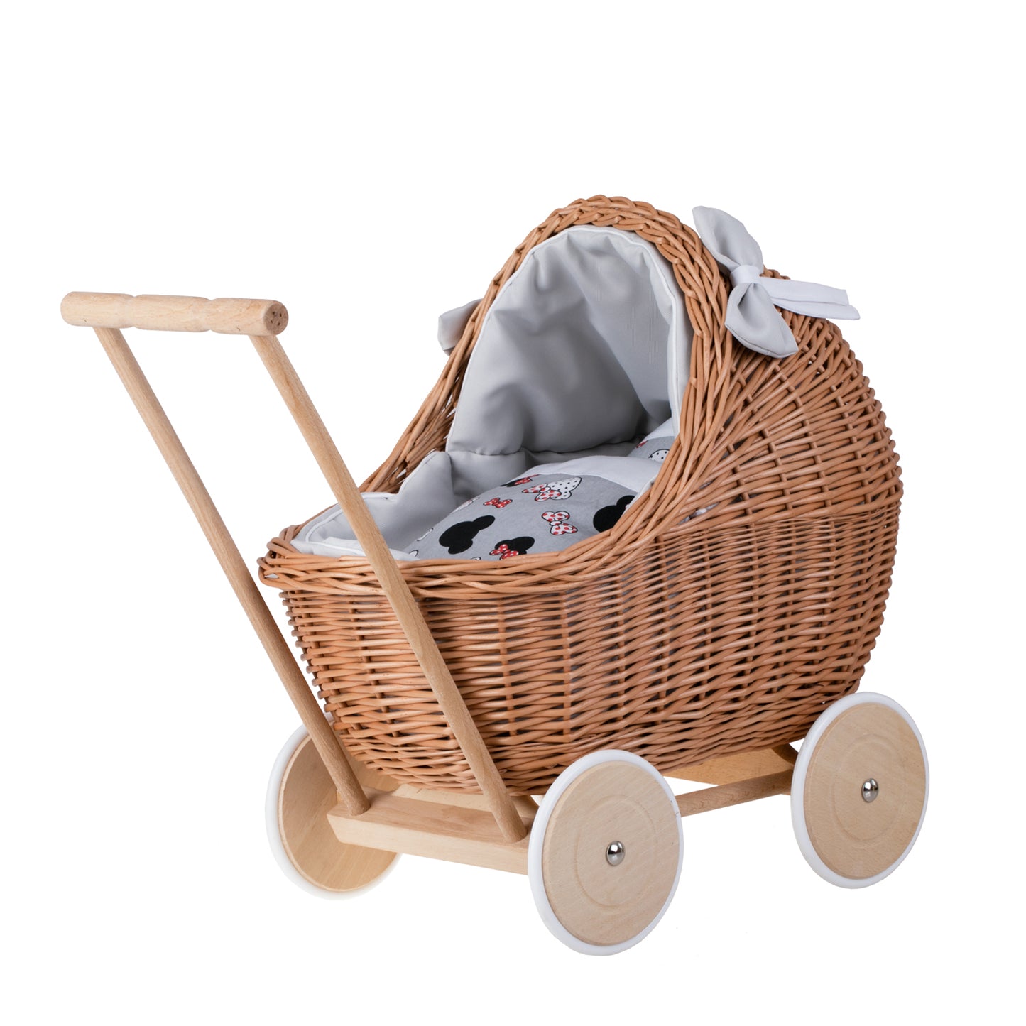 Lili wicker doll stroller with gray trim, blanket, and pillow