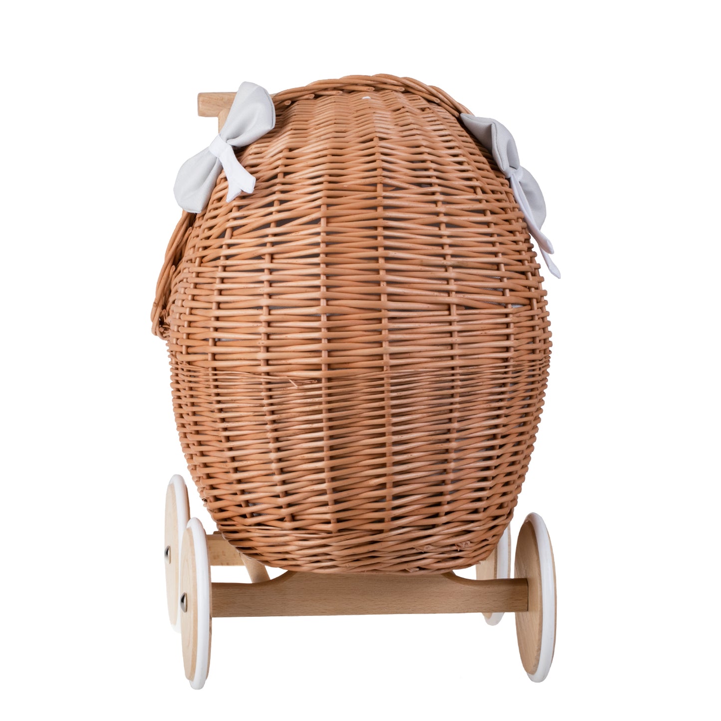 Lili wicker doll stroller with gray trim, blanket, and pillow