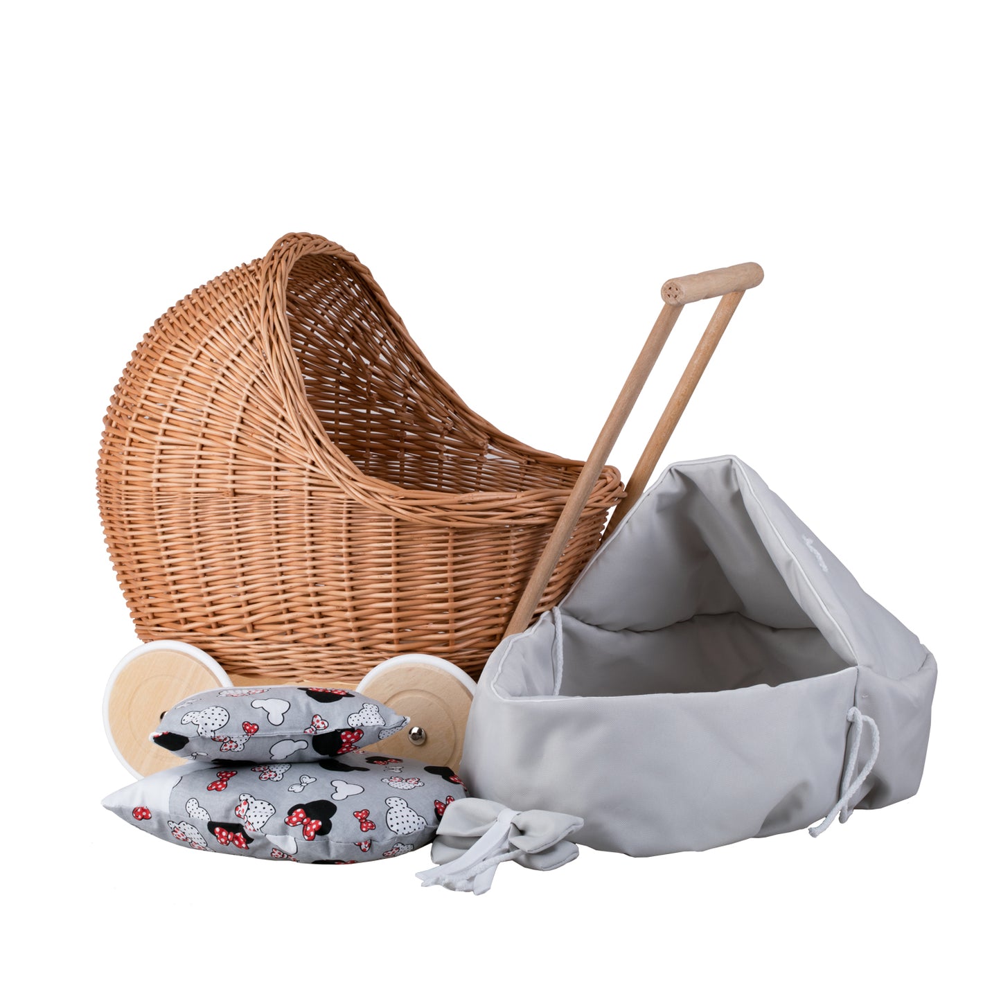 Lili wicker doll stroller with gray trim, blanket, and pillow