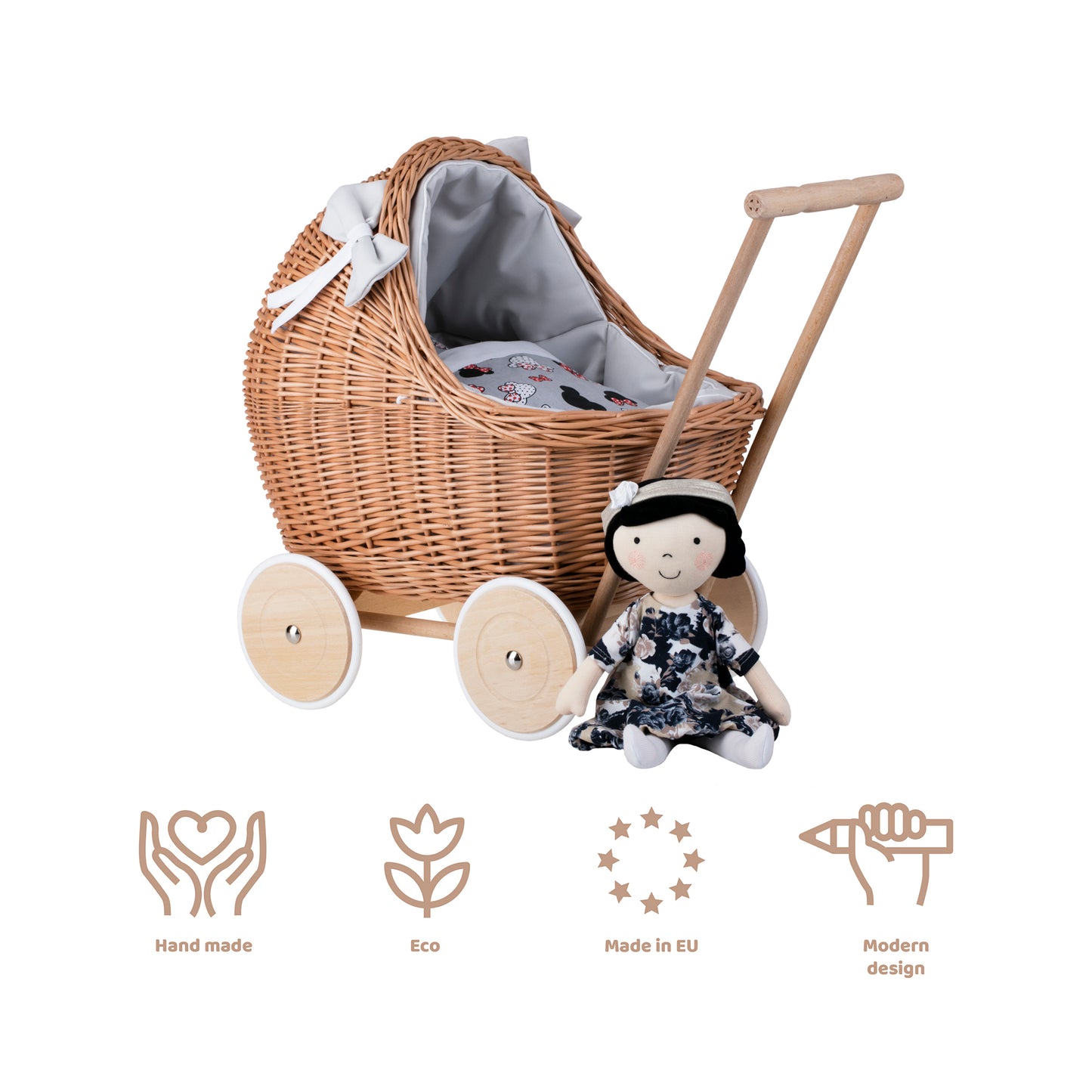 Lili wicker doll stroller with gray trim, blanket, and pillow