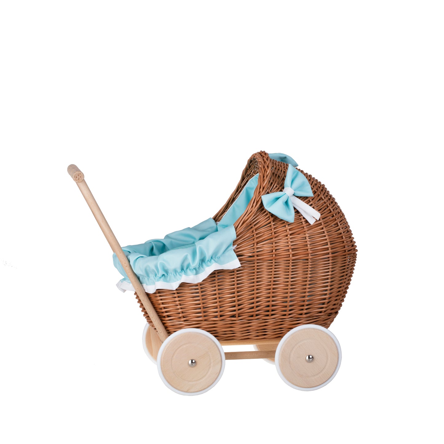 Lili wicker doll stroller with mint trim, blanket, and pillow