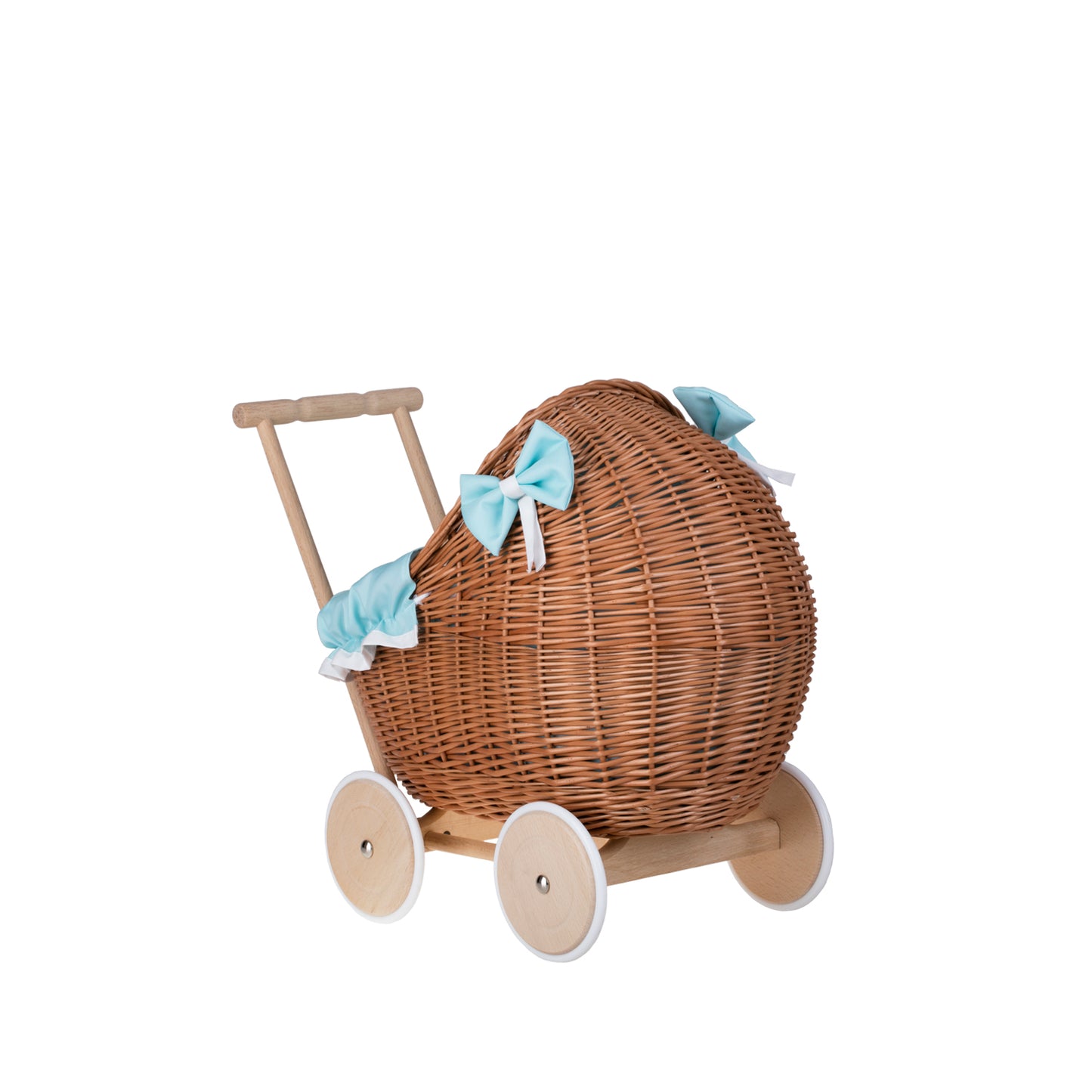 Lili wicker doll stroller with mint trim, blanket, and pillow