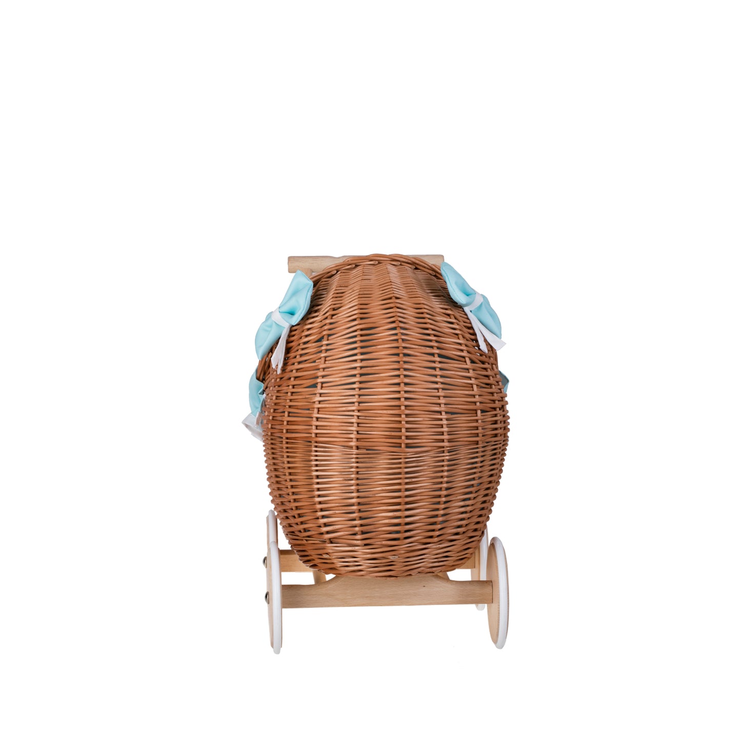 Lili wicker doll stroller with mint trim, blanket, and pillow