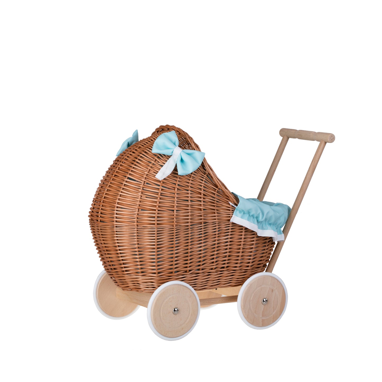 Lili wicker doll stroller with mint trim, blanket, and pillow