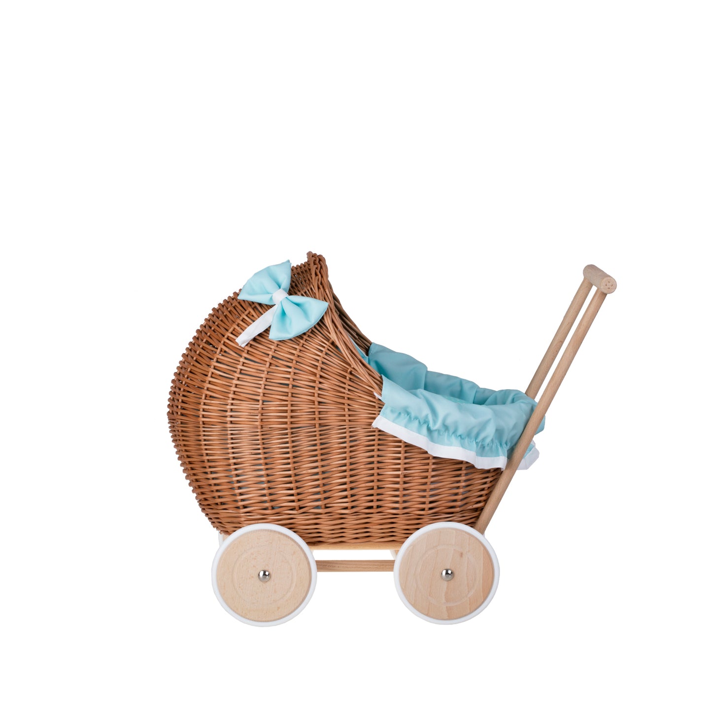 Lili wicker doll stroller with mint trim, blanket, and pillow