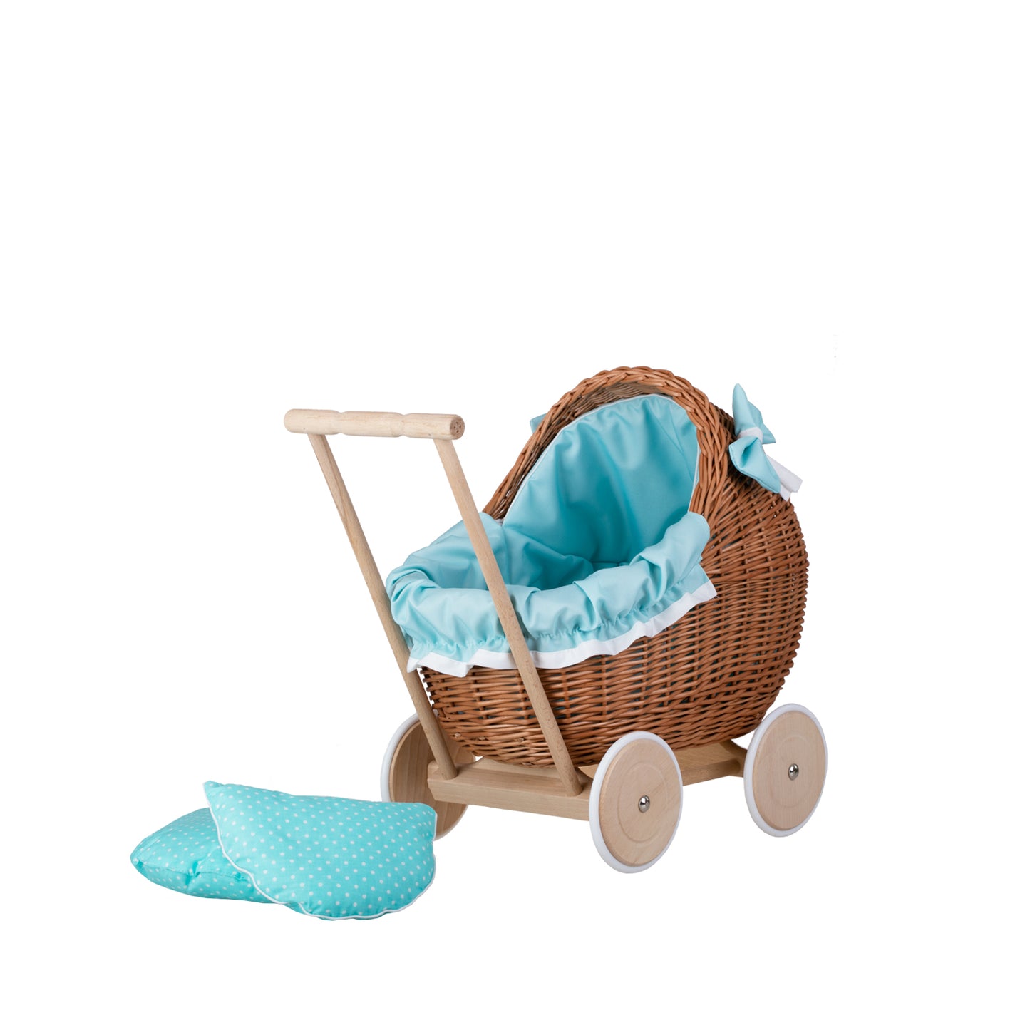 Lili wicker doll stroller with mint trim, blanket, and pillow