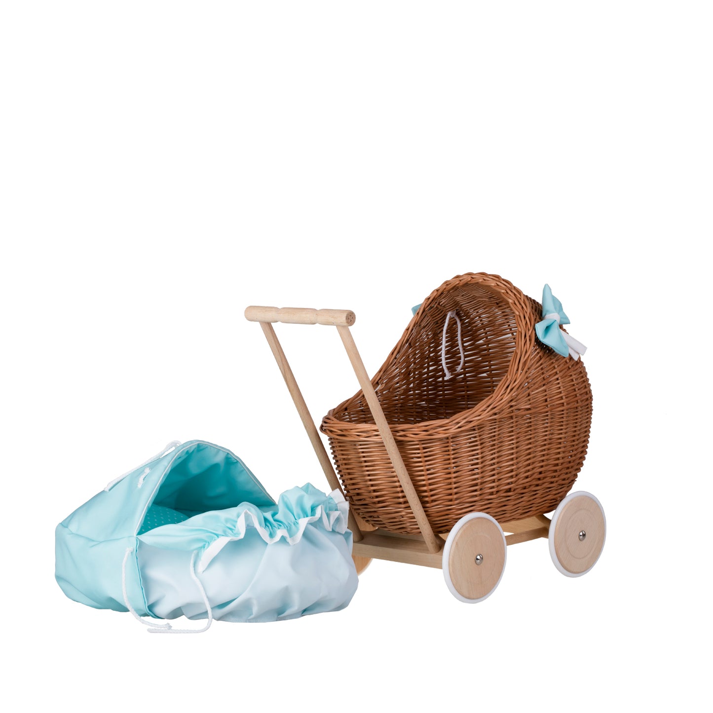 Lili wicker doll stroller with mint trim, blanket, and pillow
