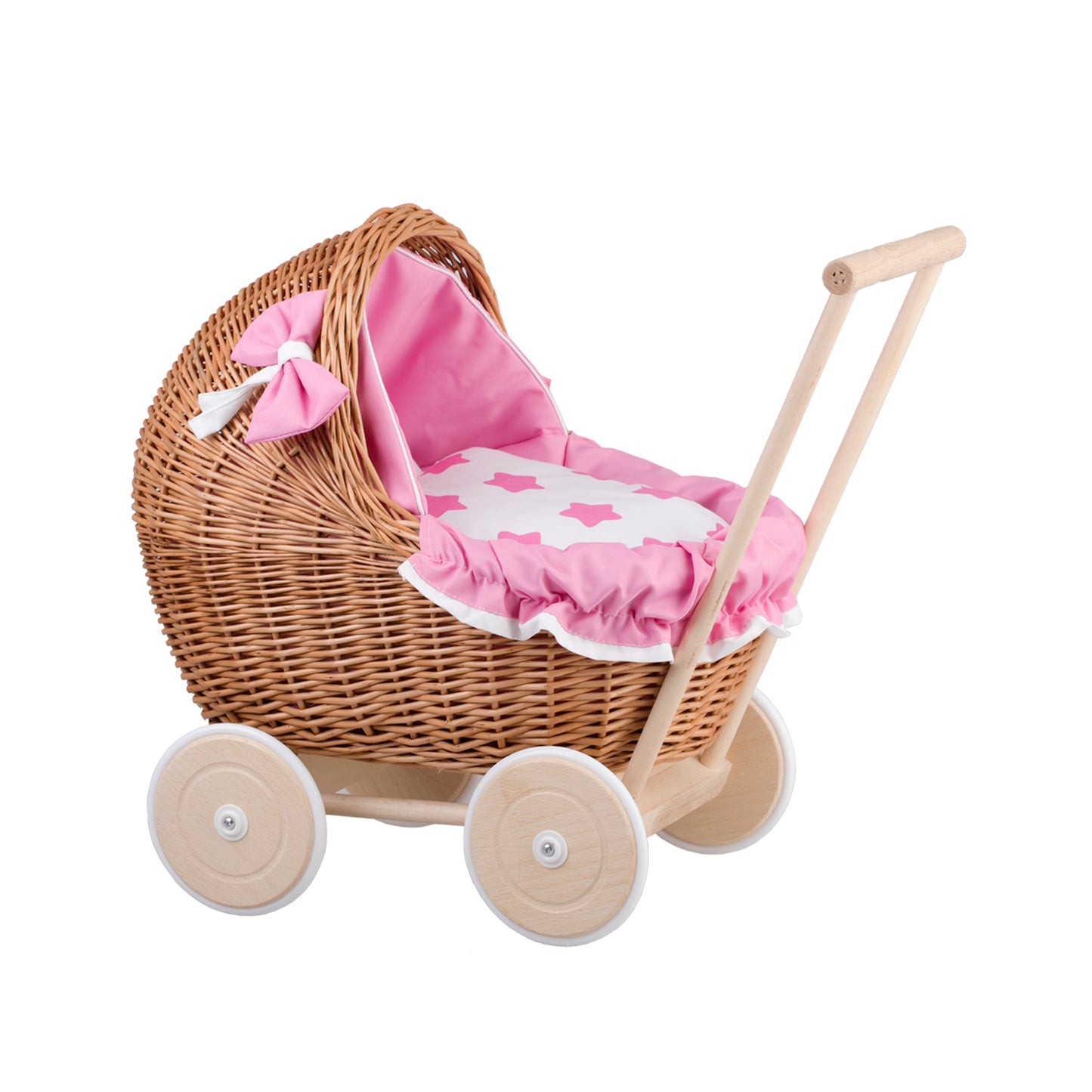 Lili wicker doll stroller with pink trim, blanket, and pillow