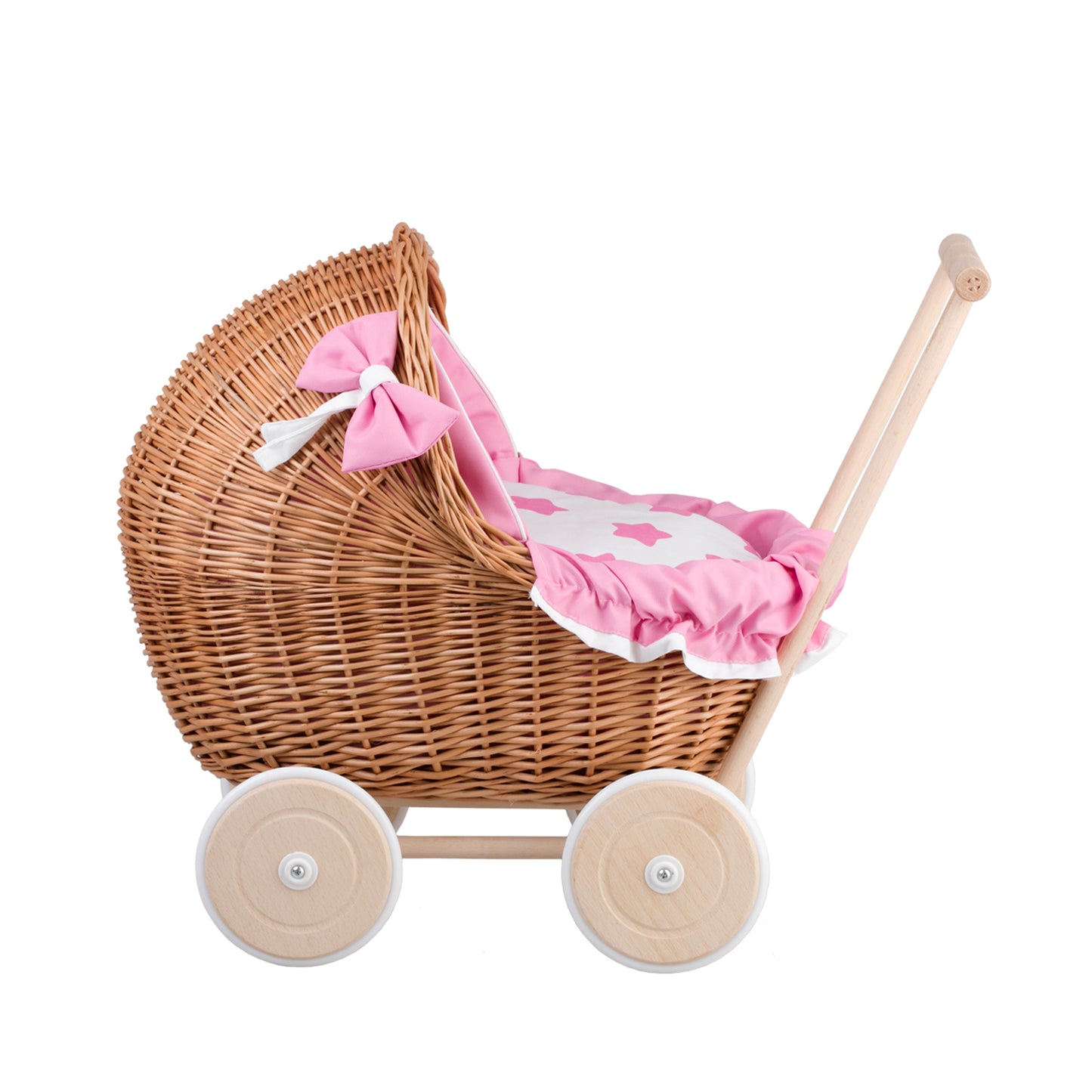 Lili wicker doll stroller with pink trim, blanket, and pillow