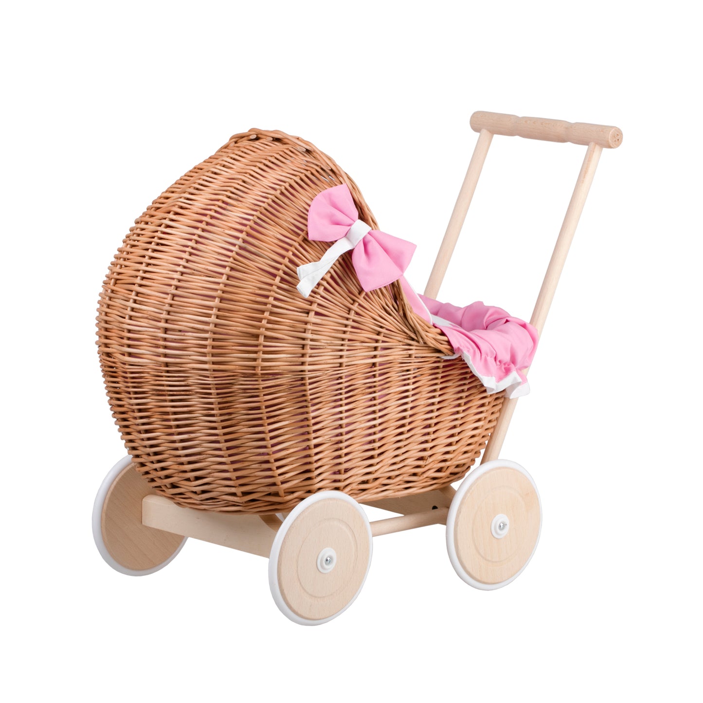 Lili wicker doll stroller with pink trim, blanket, and pillow
