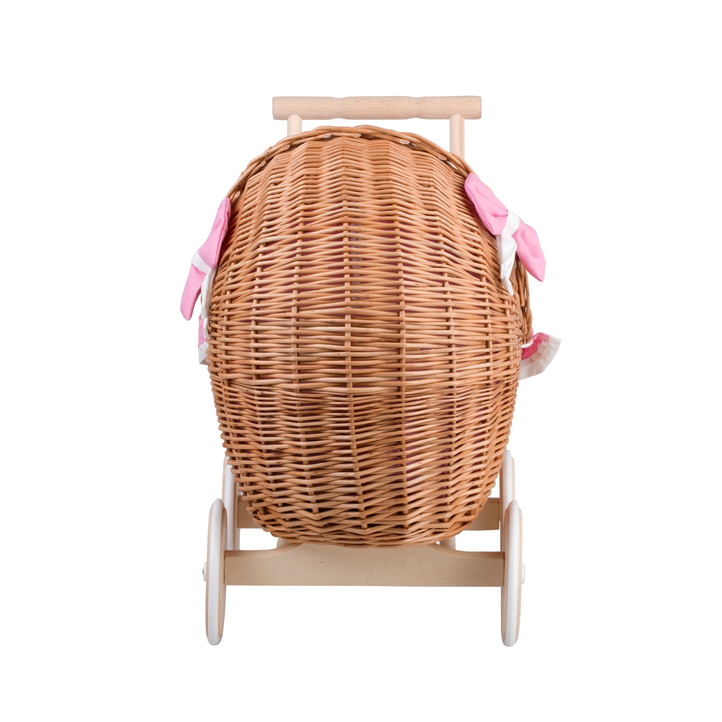Lili wicker doll stroller with pink trim, blanket, and pillow