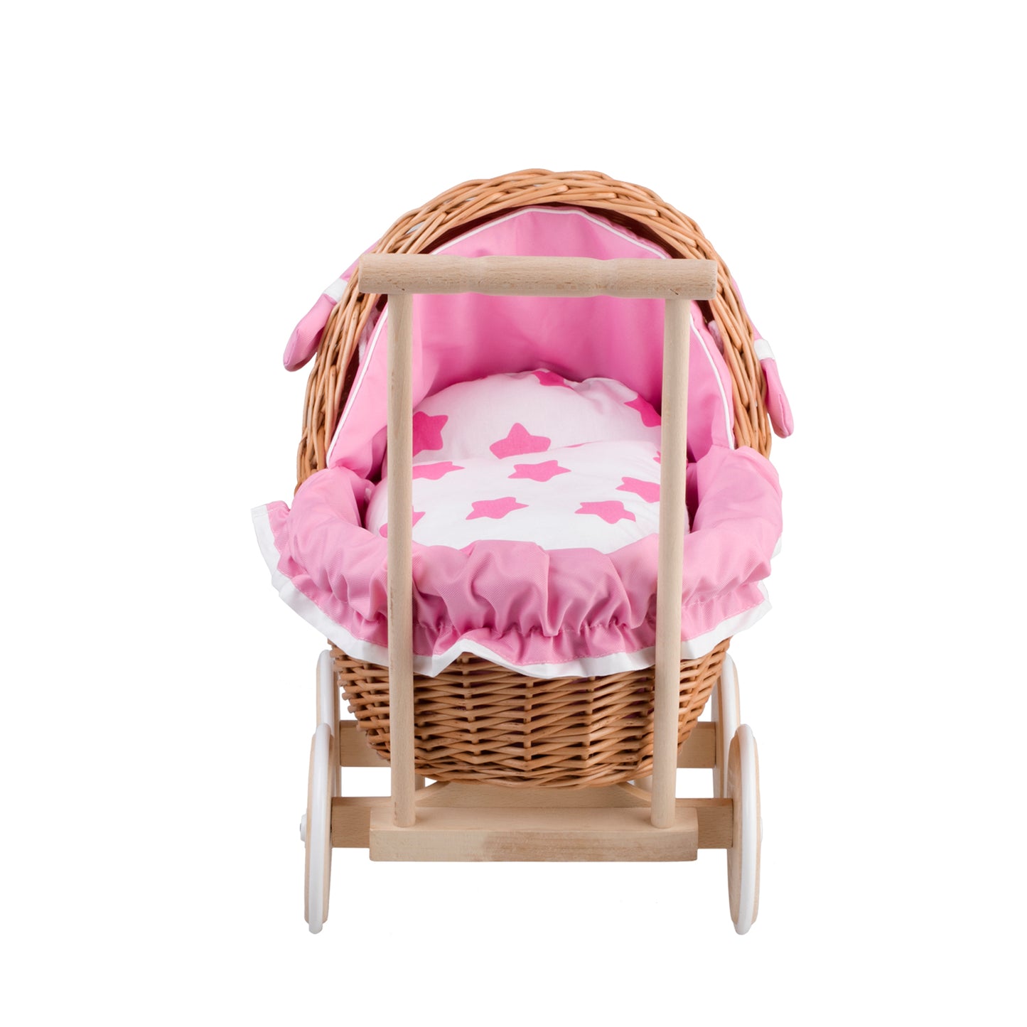 Lili wicker doll stroller with pink trim, blanket, and pillow