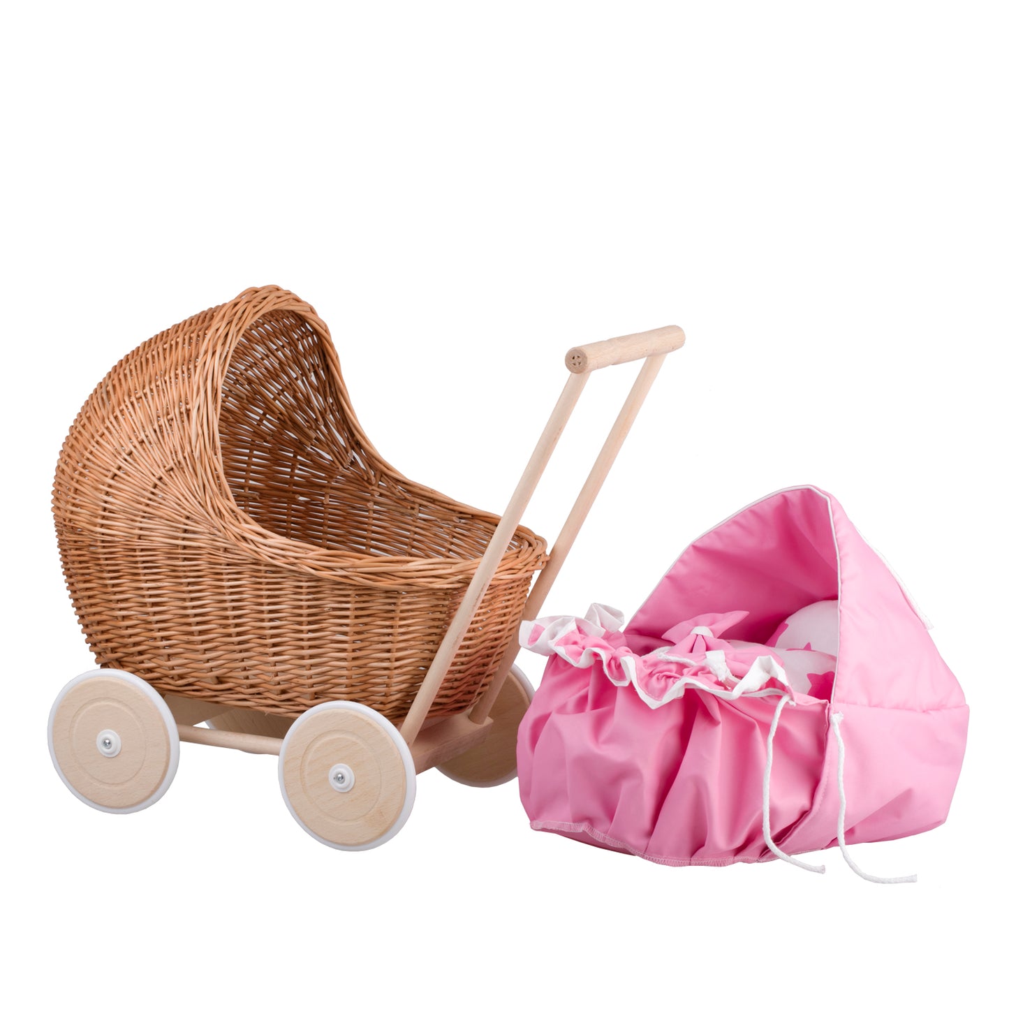 Lili wicker doll stroller with pink trim, blanket, and pillow