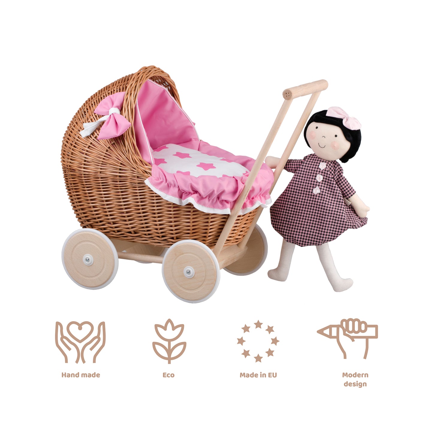 Lili wicker doll stroller with pink trim, blanket, and pillow
