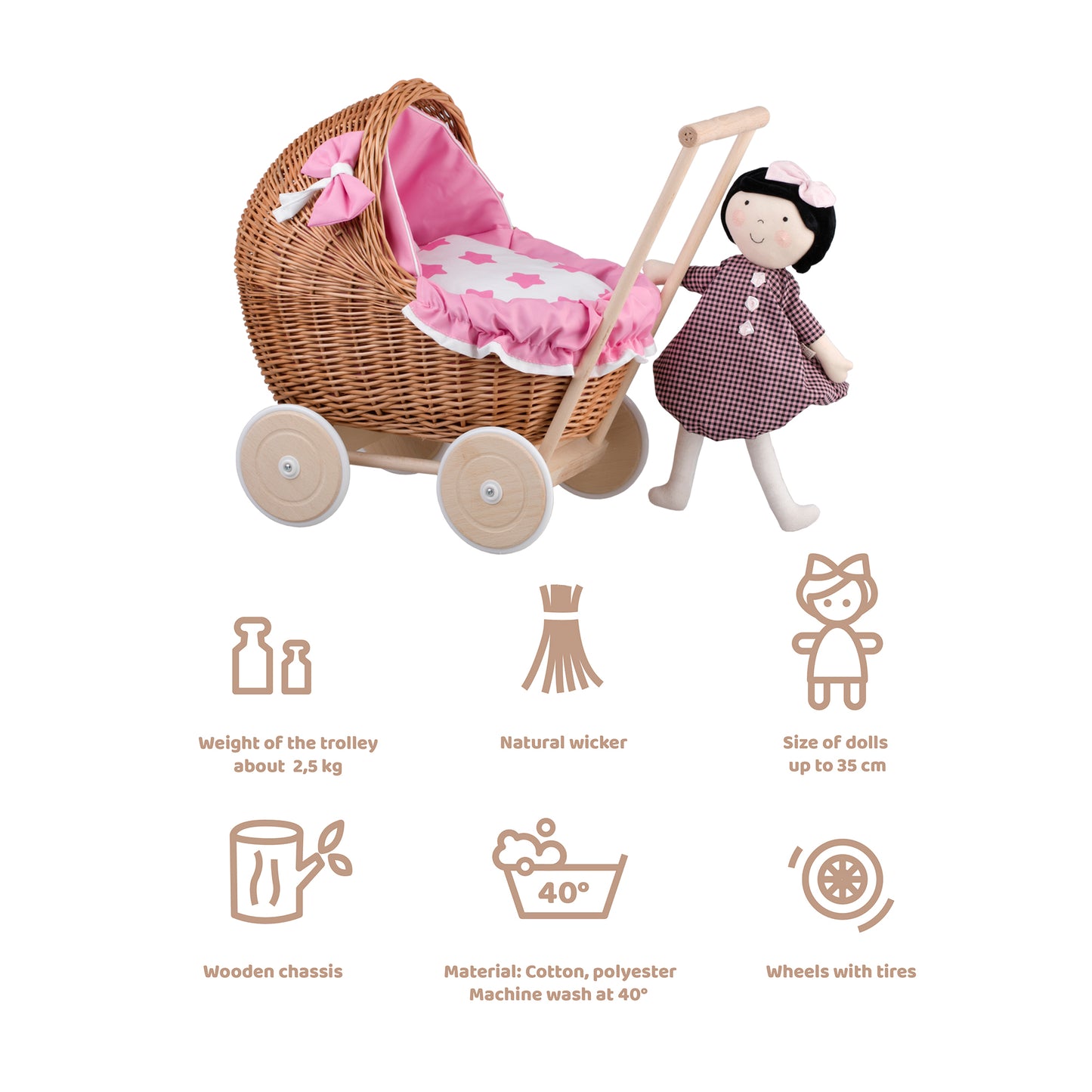 Lili wicker doll stroller with pink trim, blanket, and pillow