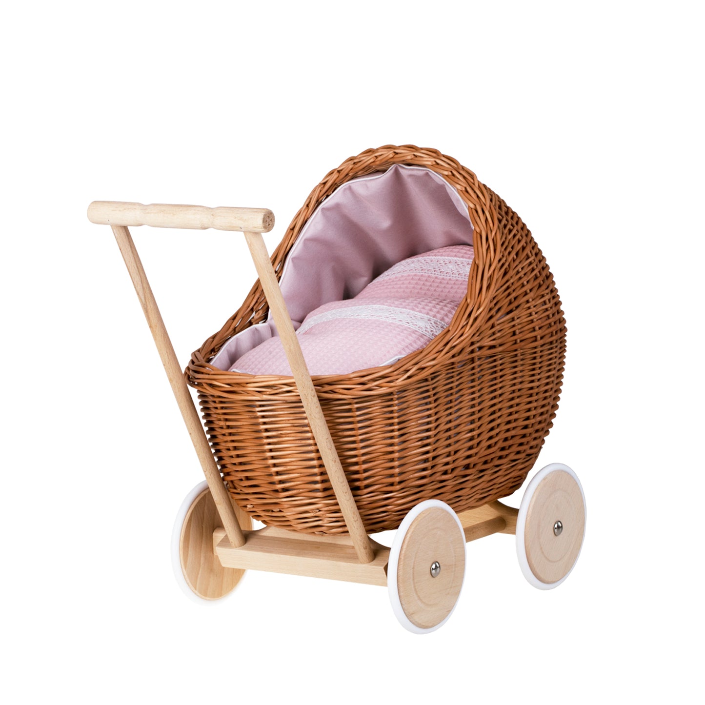 Lili wicker doll stroller with pink trim, blanket, and pillow