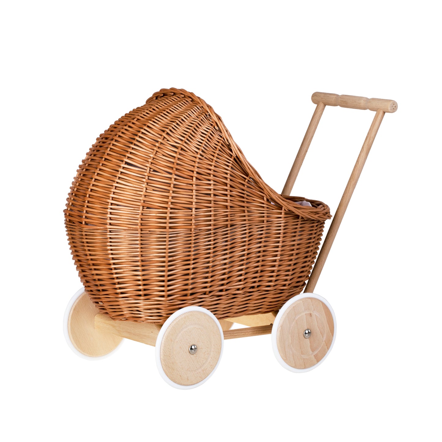 Lili wicker doll stroller with pink trim, blanket, and pillow