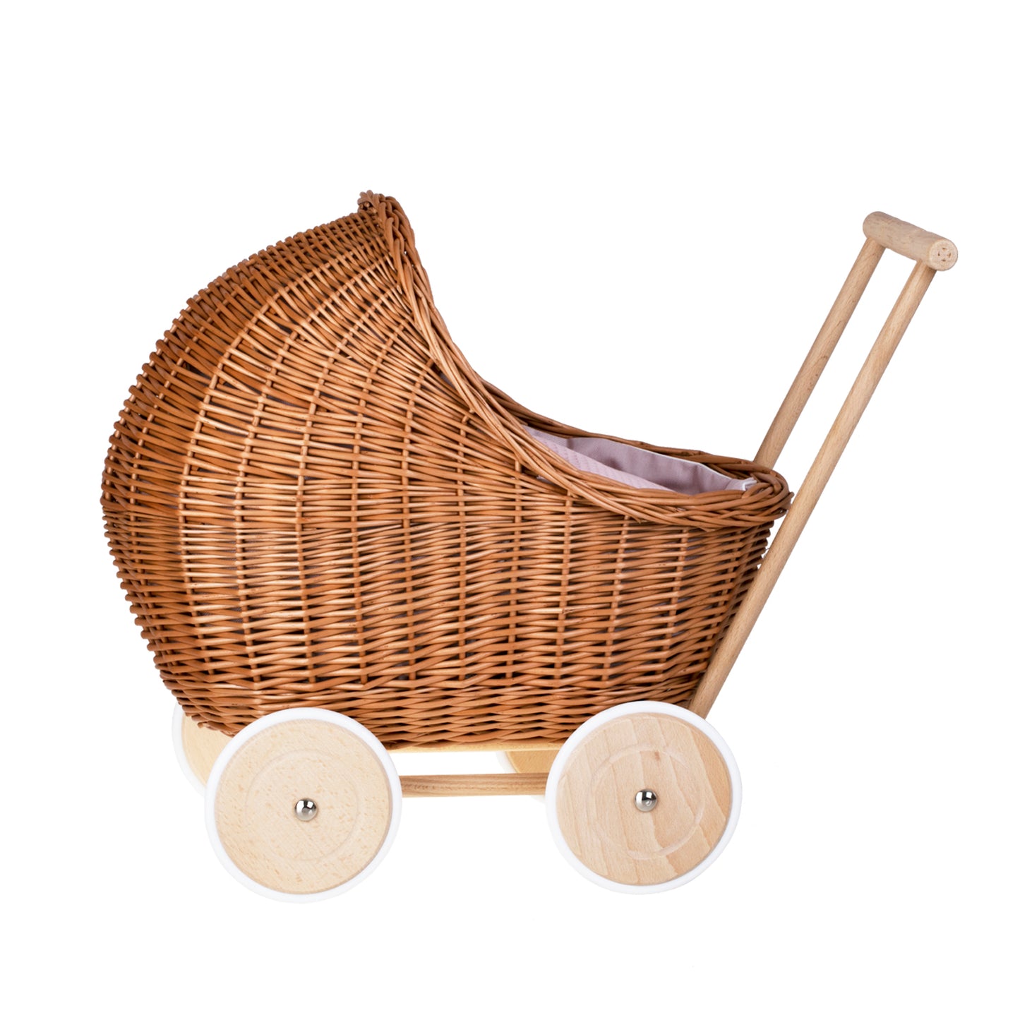 Lili wicker doll stroller with pink trim, blanket, and pillow