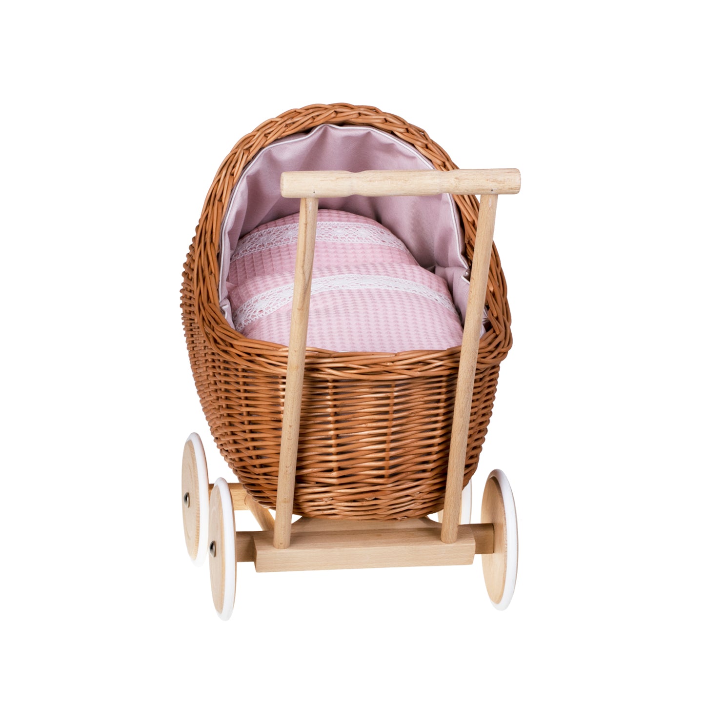 Lili wicker doll stroller with pink trim, blanket, and pillow