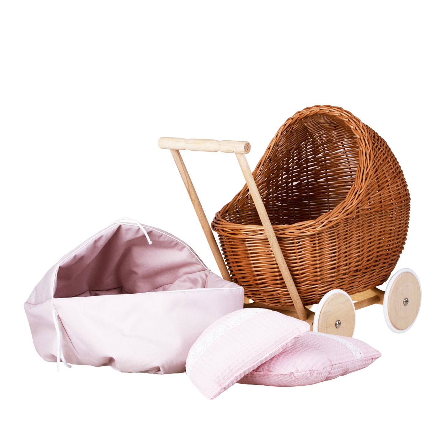 Lili wicker doll stroller with pink trim, blanket, and pillow