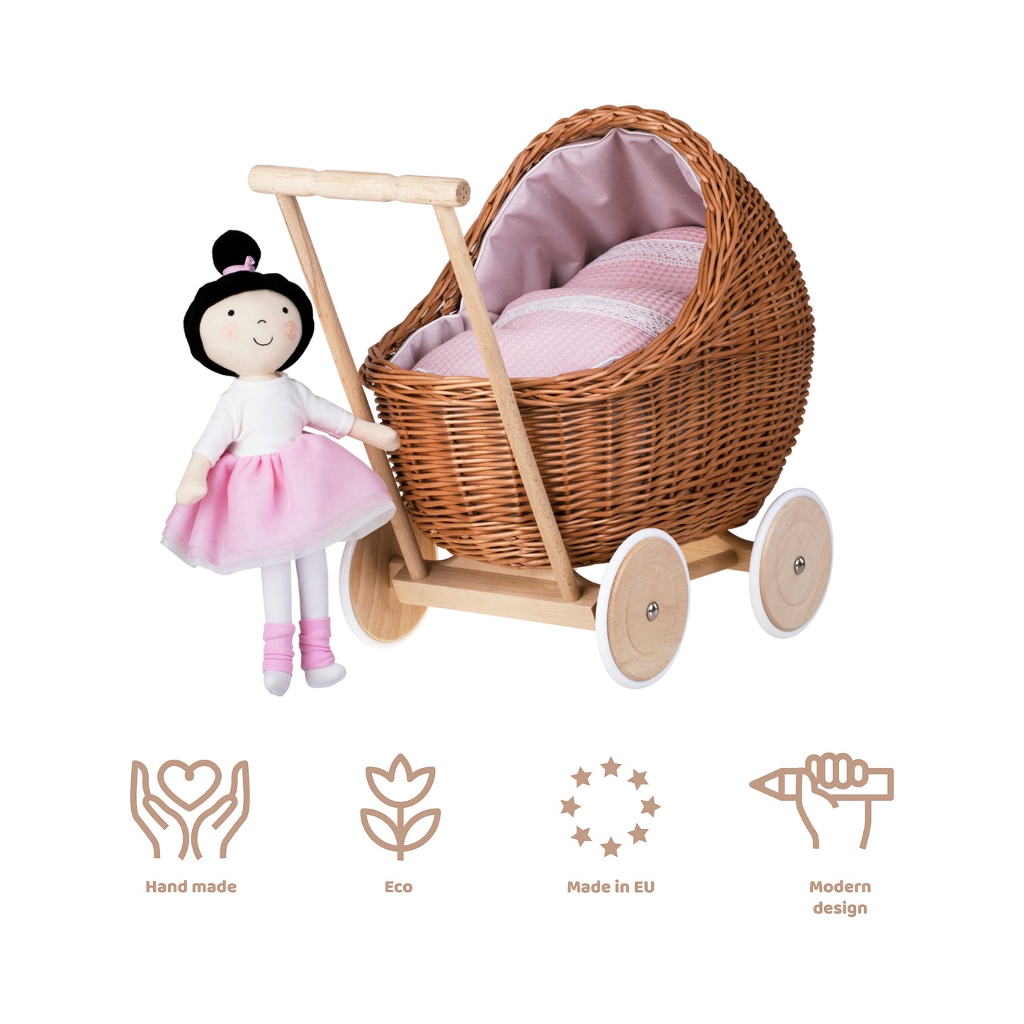 Lili wicker doll stroller with pink trim, blanket, and pillow