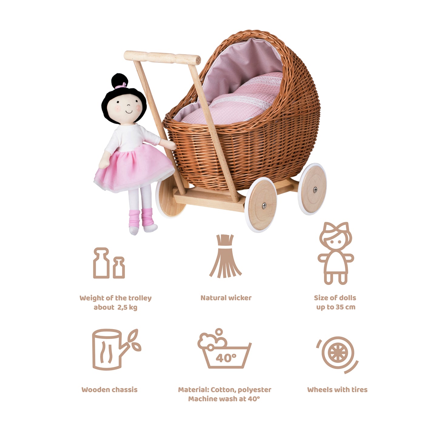Lili wicker doll stroller with pink trim, blanket, and pillow