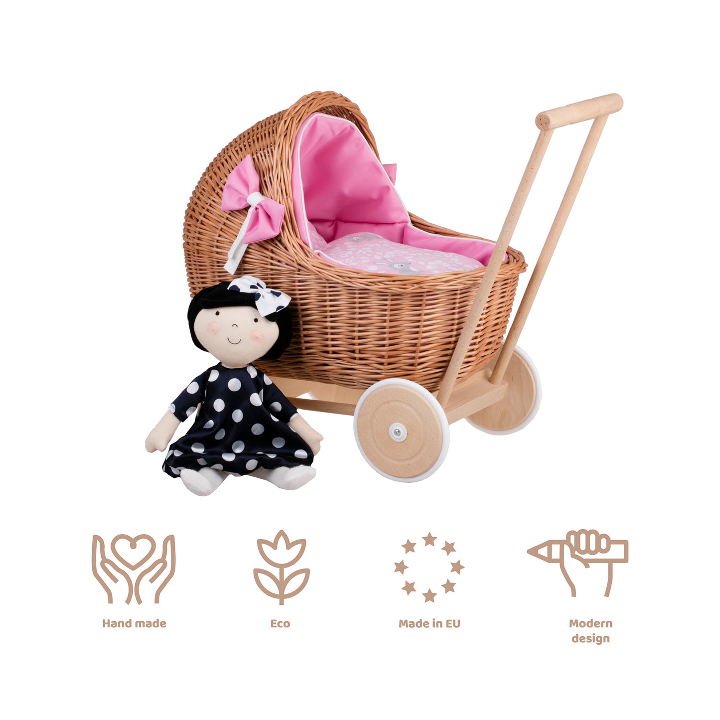 Lili wicker doll stroller with pink trim, blanket, and pillow