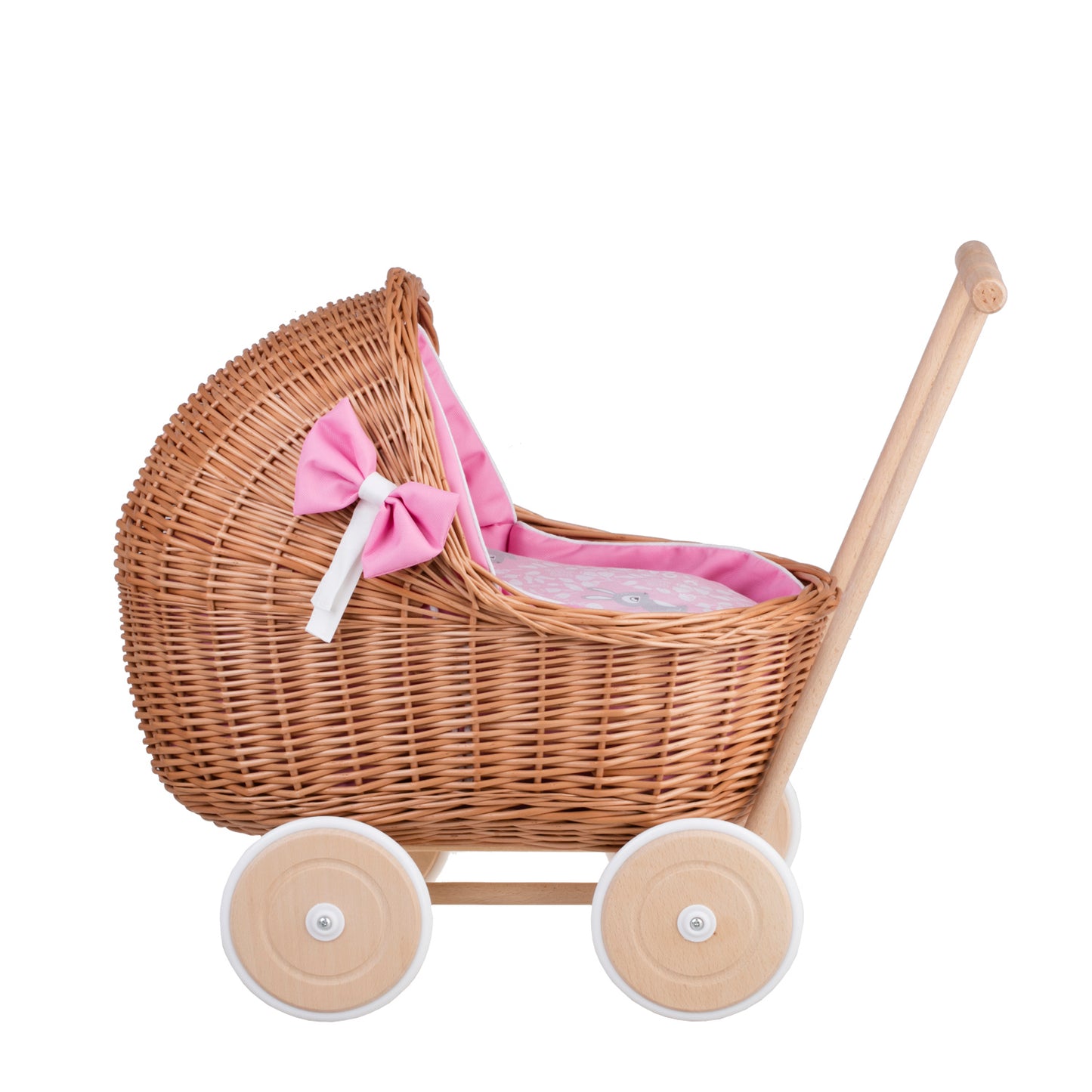 Lili wicker doll stroller with pink trim, blanket, and pillow