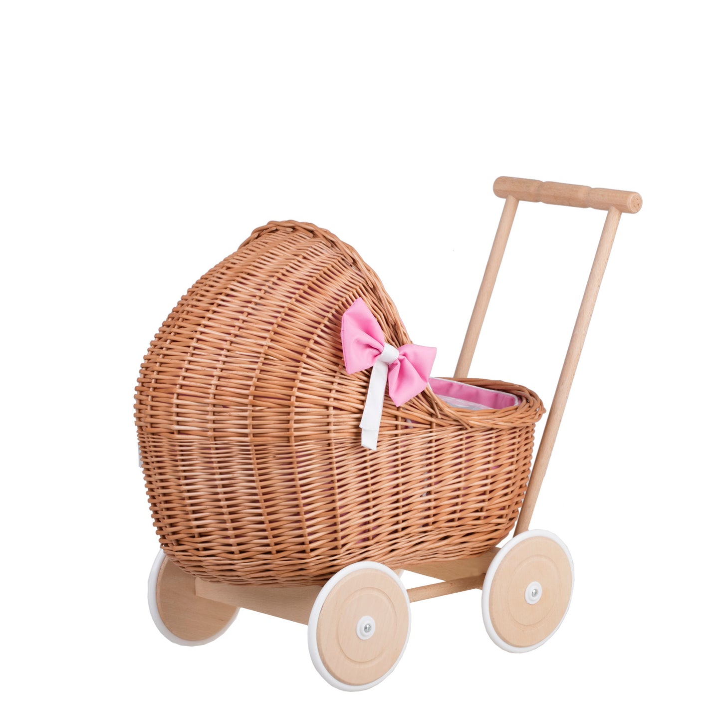 Lili wicker doll stroller with pink trim, blanket, and pillow