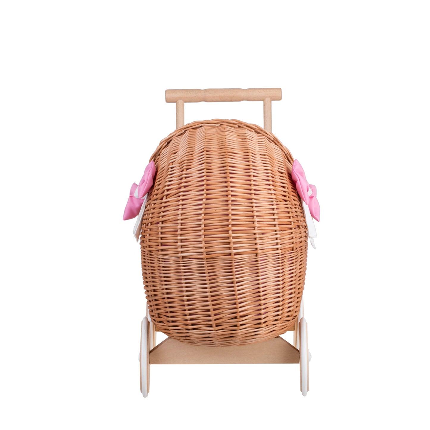 Lili wicker doll stroller with pink trim, blanket, and pillow
