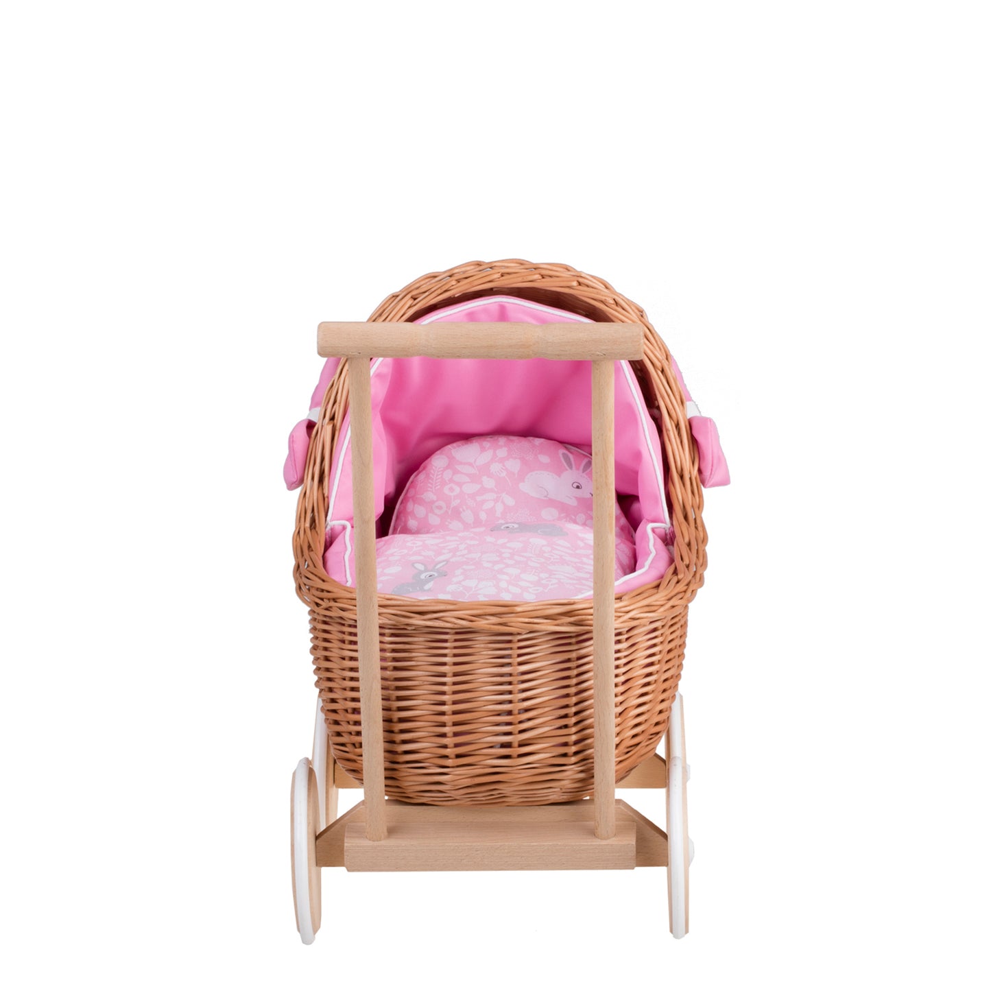Lili wicker doll stroller with pink trim, blanket, and pillow