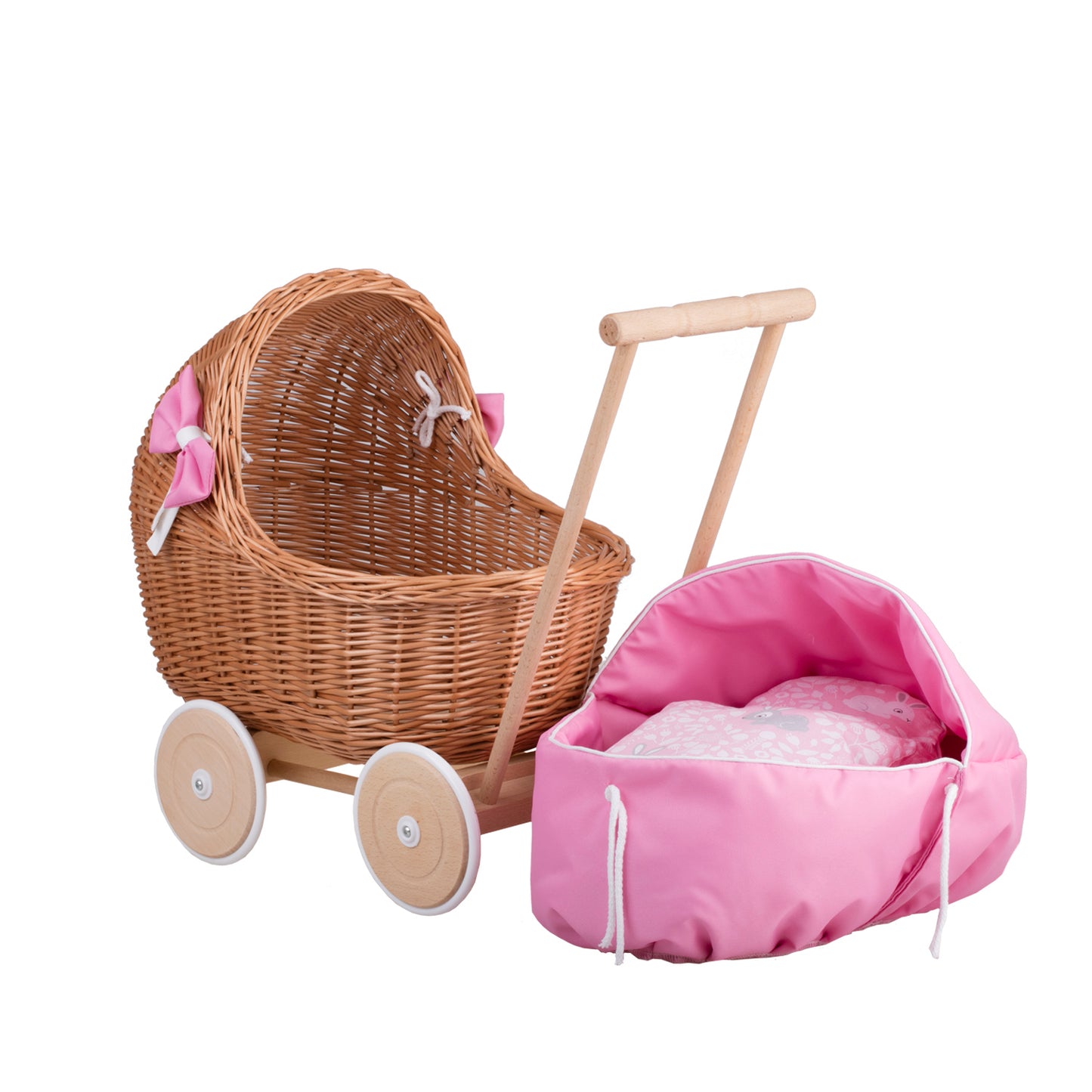 Lili wicker doll stroller with pink trim, blanket, and pillow