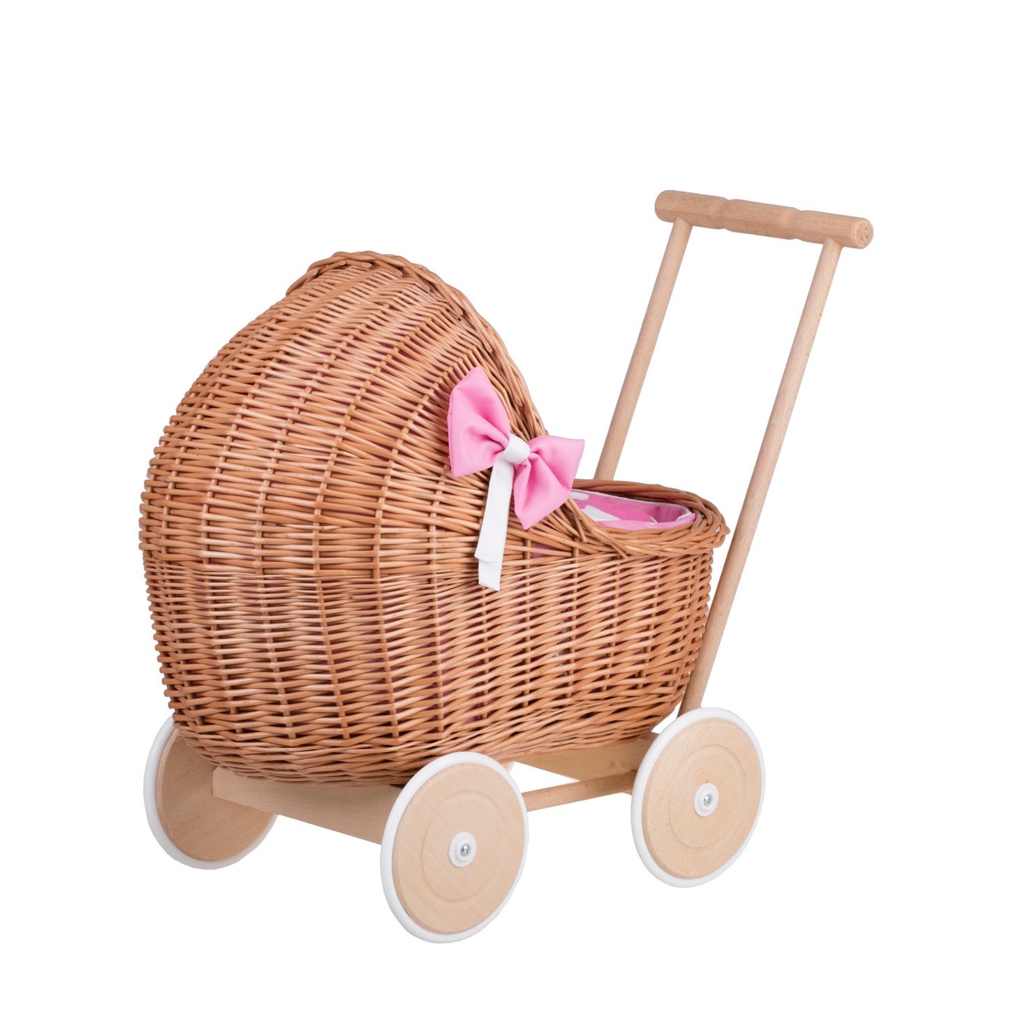 Lili wicker doll stroller with pink trim, blanket, and pillow