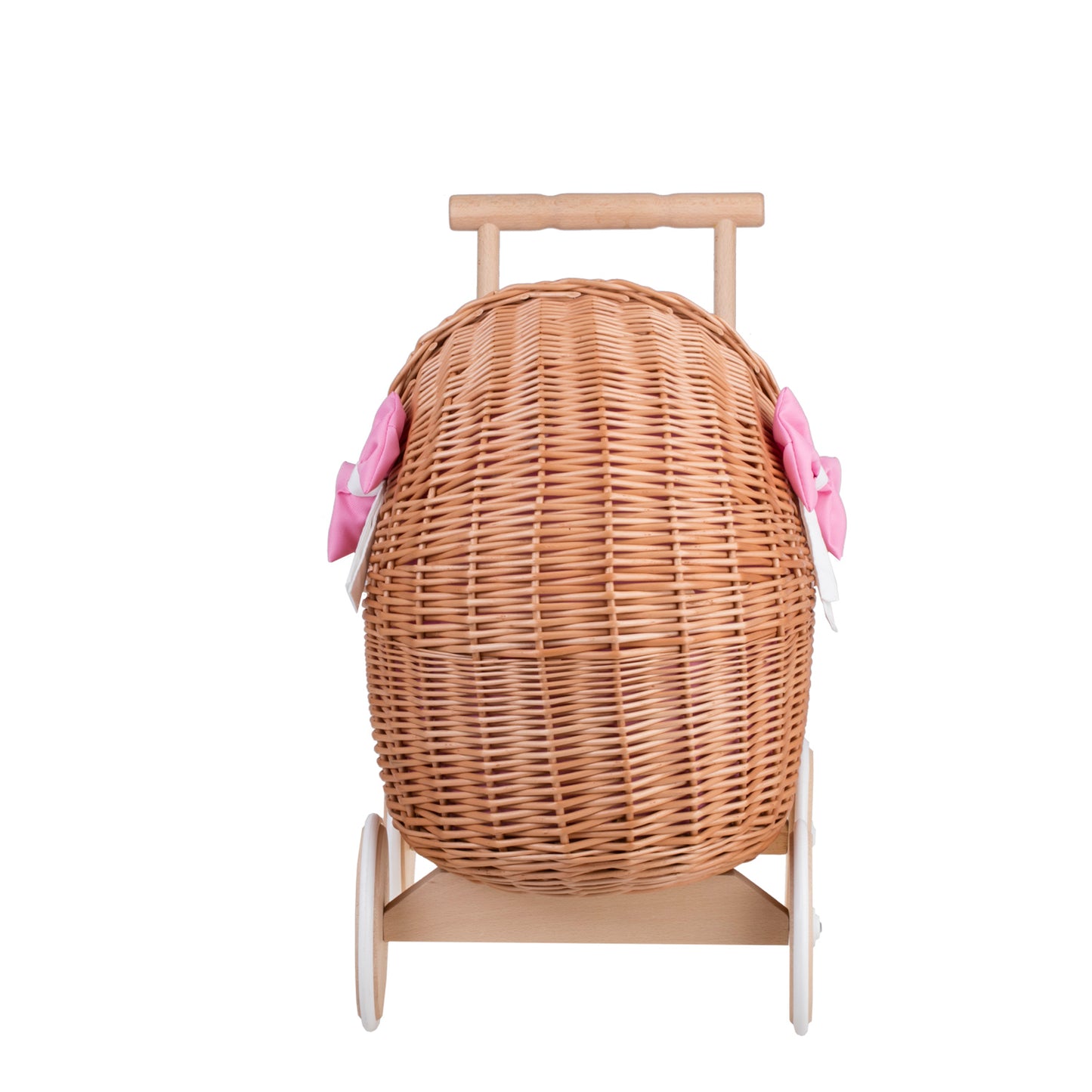 Lili wicker doll stroller with pink trim, blanket, and pillow