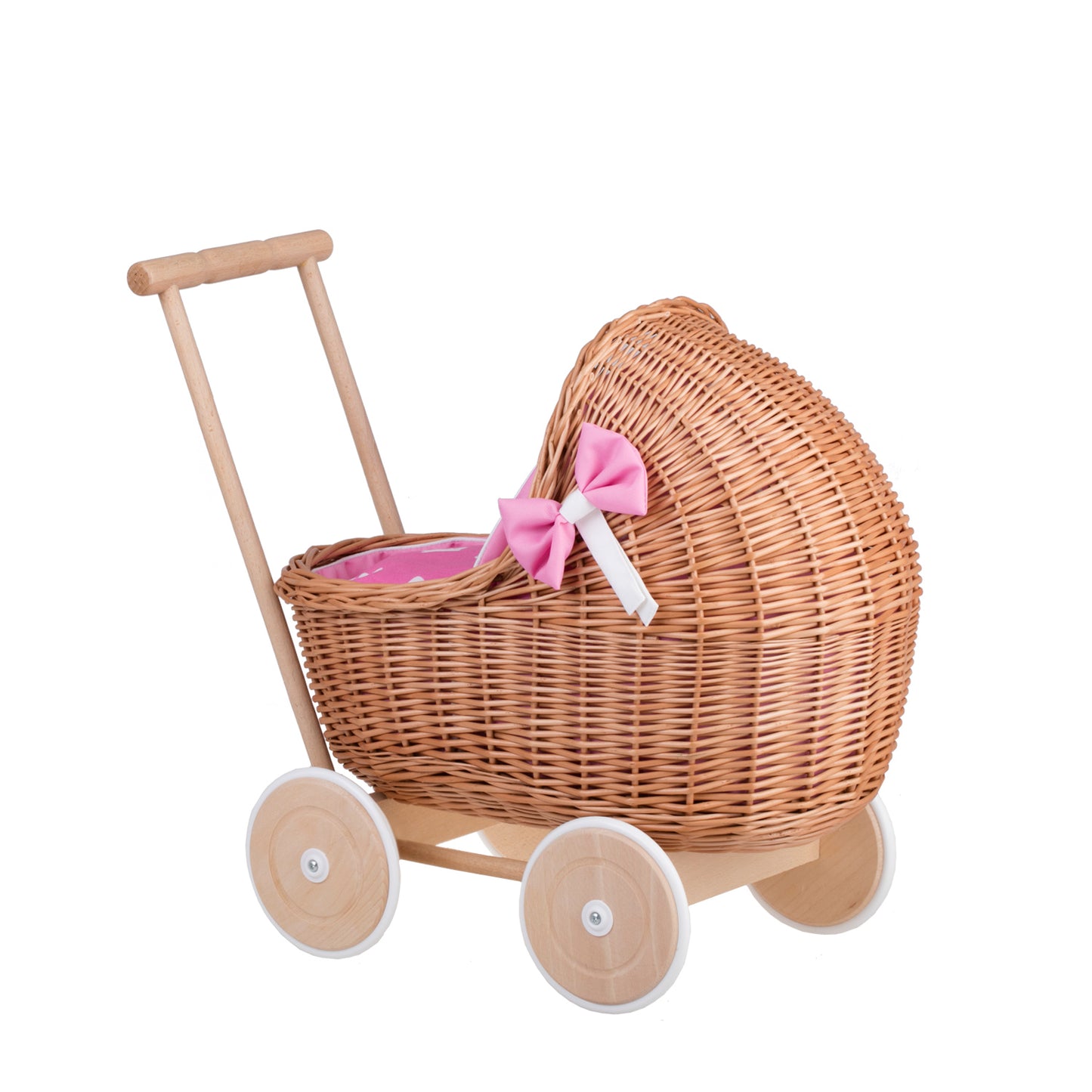 Lili wicker doll stroller with pink trim, blanket, and pillow