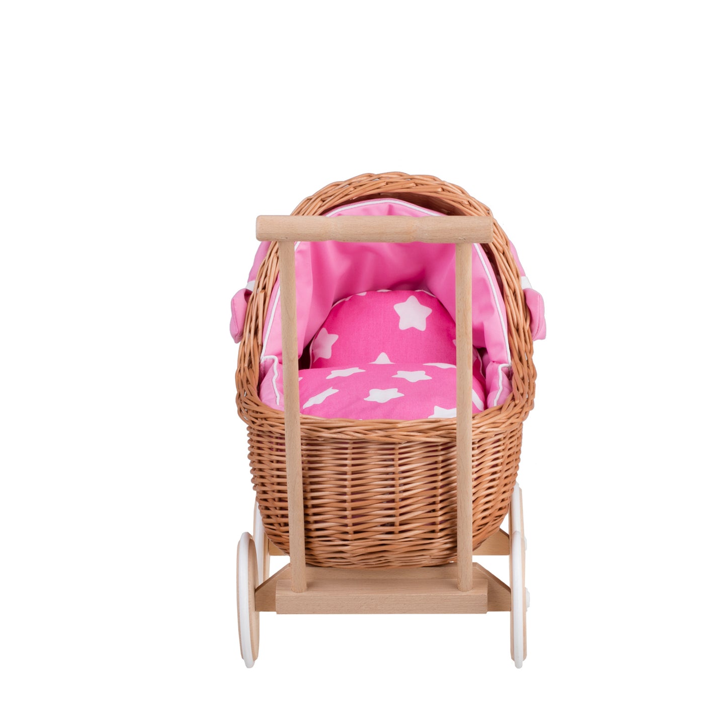 Lili wicker doll stroller with pink trim, blanket, and pillow