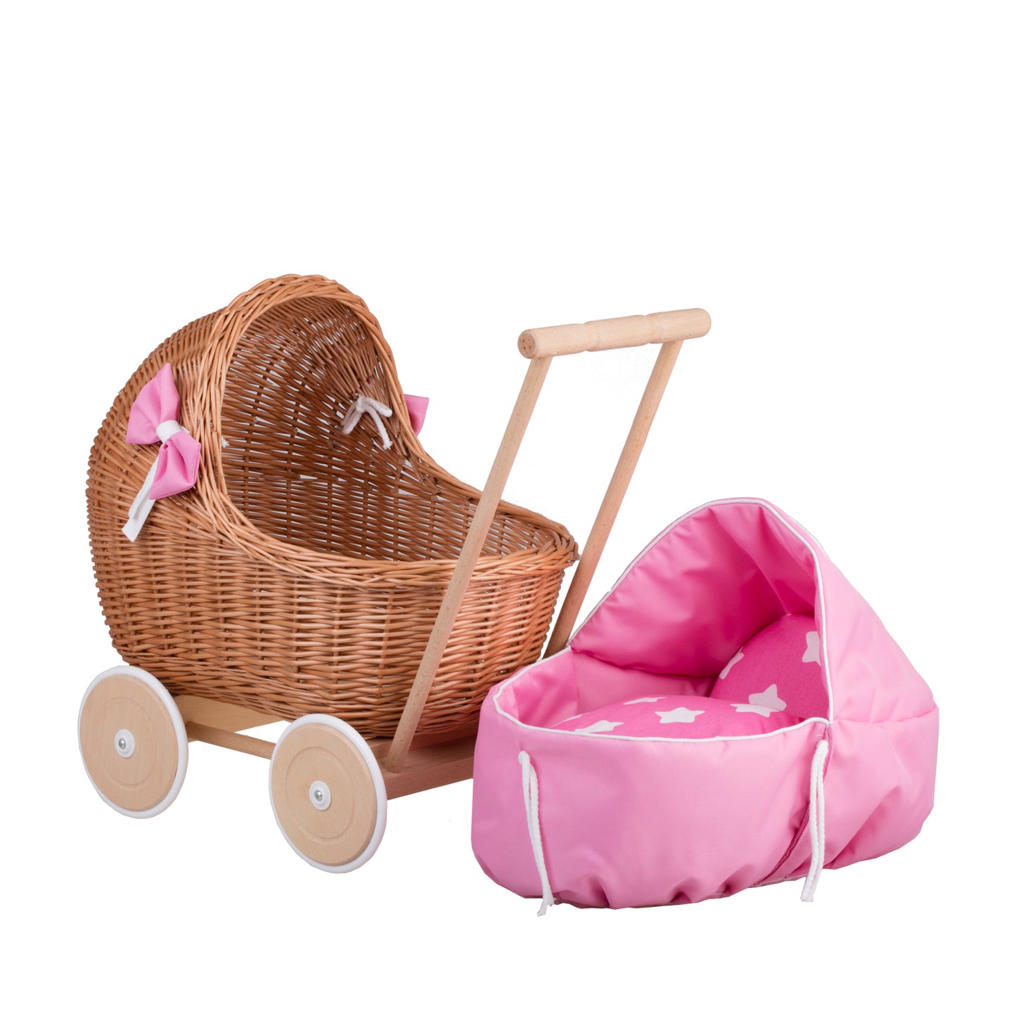 Lili wicker doll stroller with pink trim, blanket, and pillow