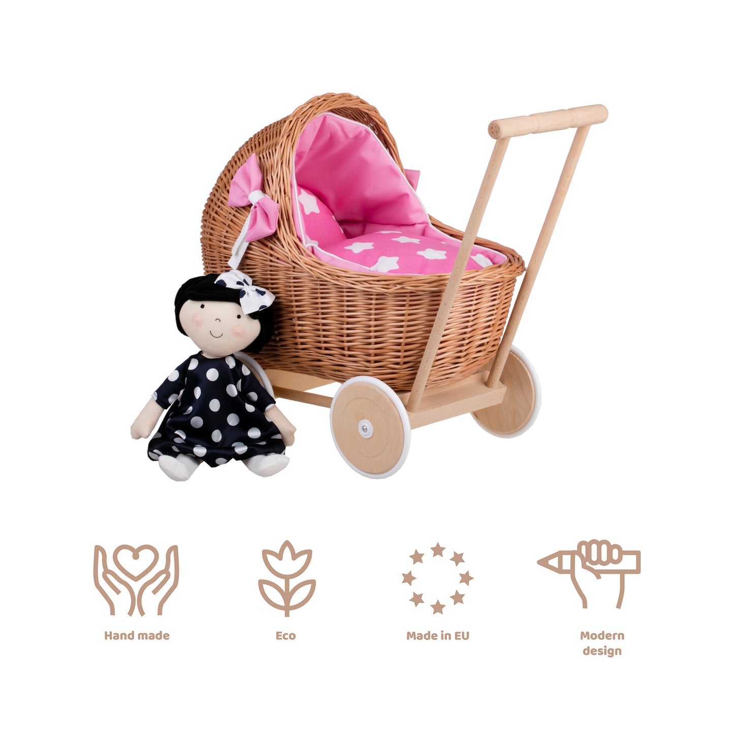 Lili wicker doll stroller with pink trim, blanket, and pillow