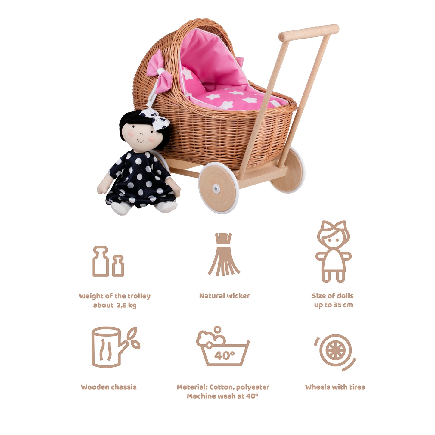 Lili wicker doll stroller with pink trim, blanket, and pillow