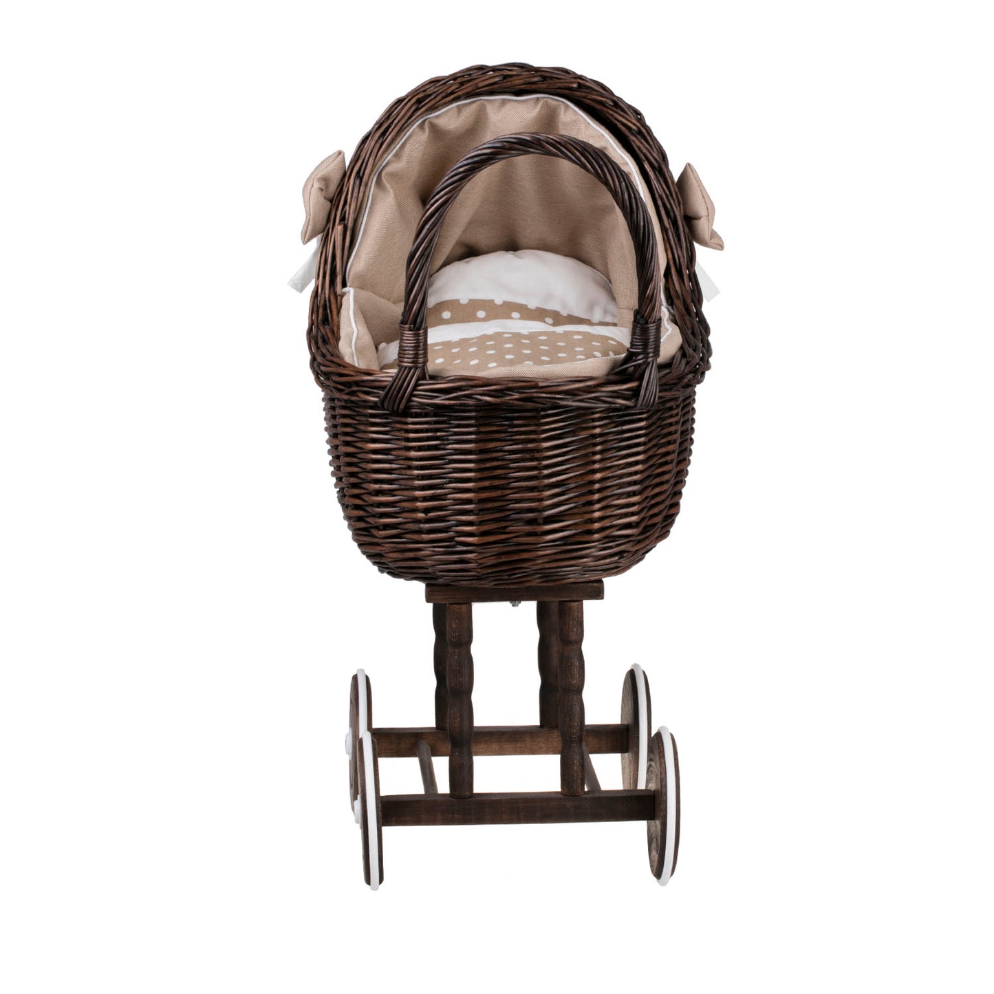 Lili wicker doll stroller with beige trim, blanket, and pillow