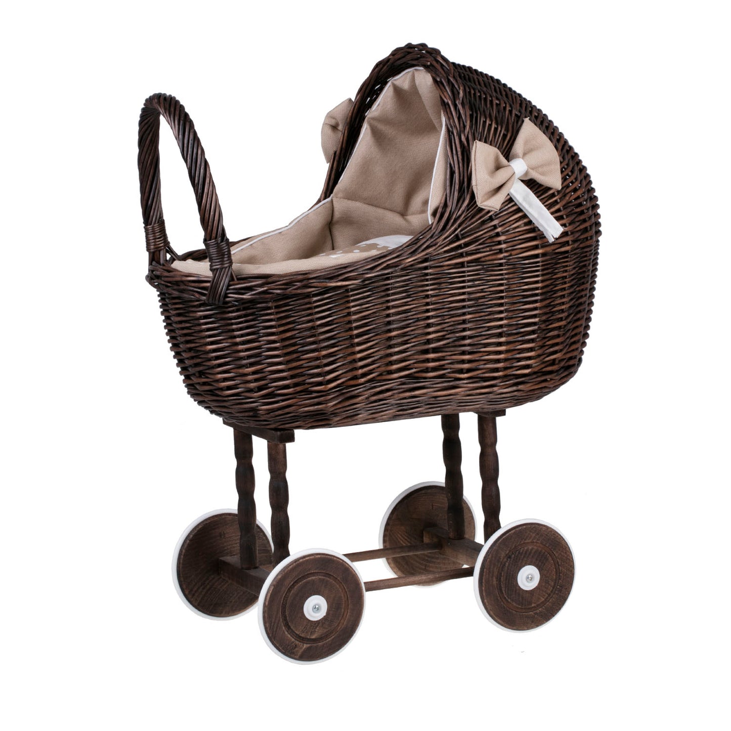 Lili wicker doll stroller with beige trim, blanket, and pillow