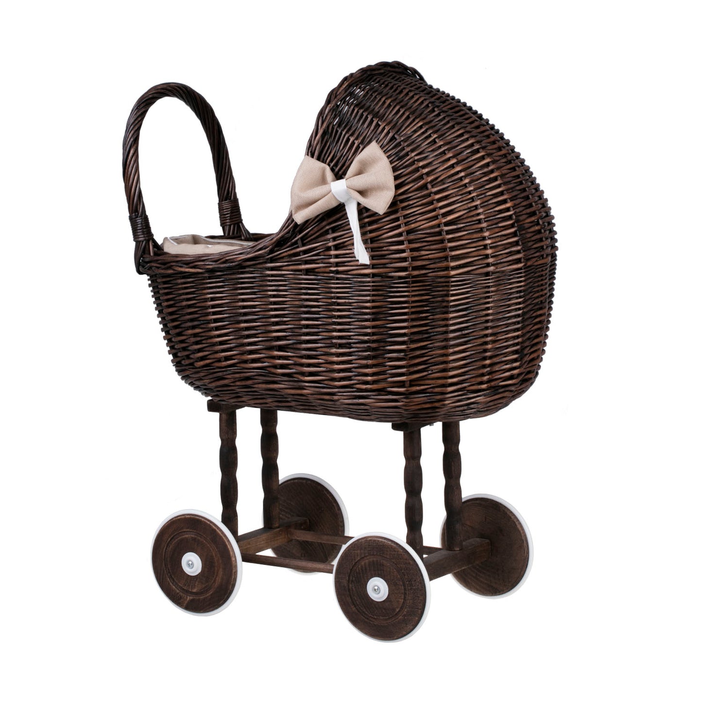 Lili wicker doll stroller with beige trim, blanket, and pillow